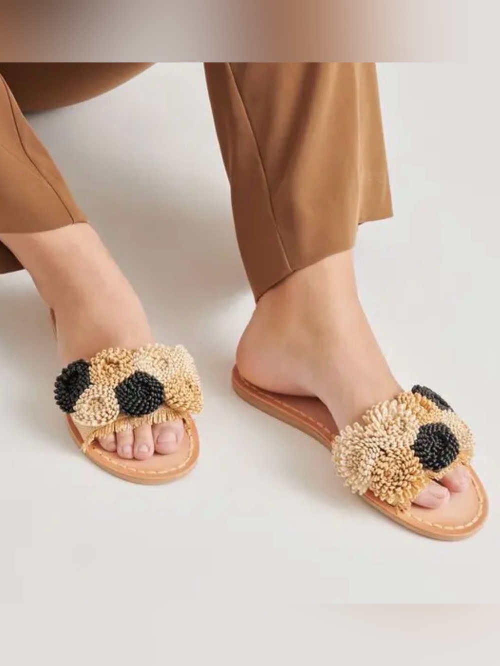 Dolce Vita Straw Floral Slide Sandals - Beige & Black Size 6